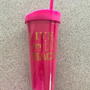 Hot Pink Teacher’s plastic cup with pink straw